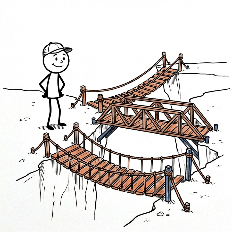 Stick figure looking at three bridges, only one fully built across the gap