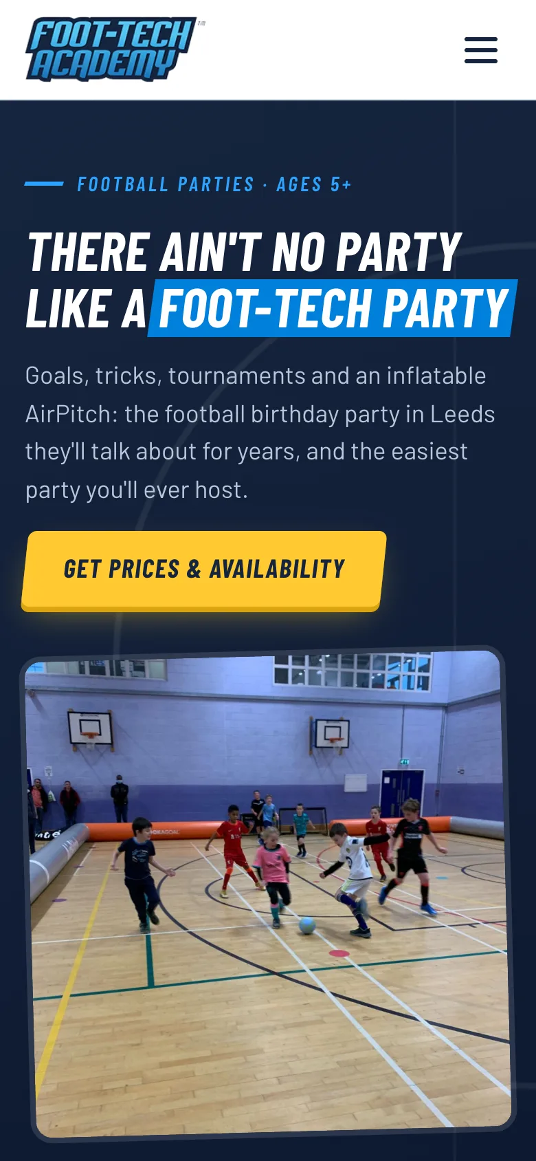 Foot-Tech Academy football parties page on a phone
